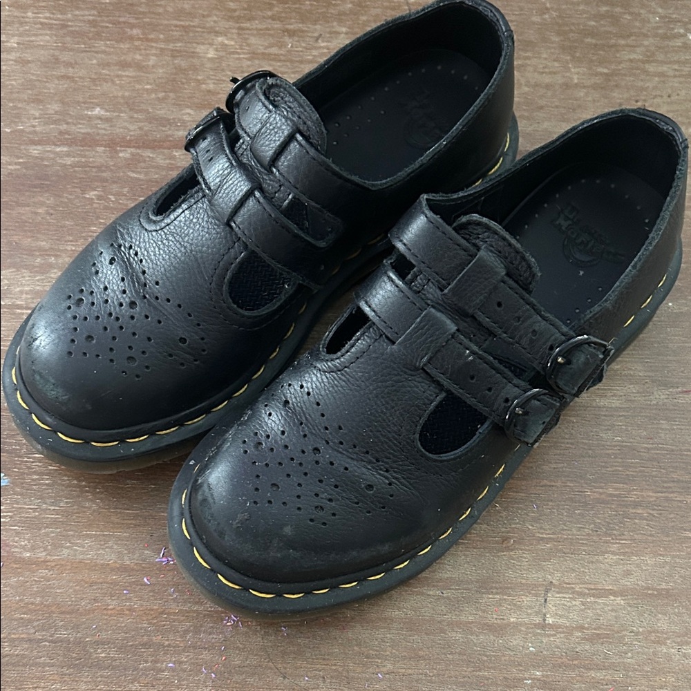 Dr. Martens Black Kids Double-Strap Mary Jane Shoes with Yellow Stitching
